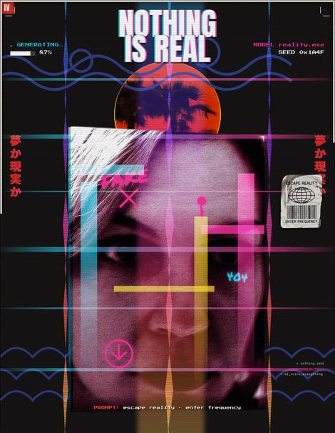 Composition IV, Nothing is real: a face dissolving into scan lines on black