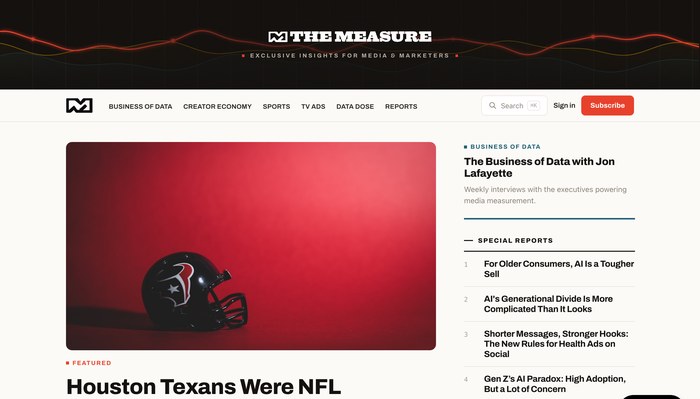 The Measure: a black masthead with a red and yellow waveform above a two-column news index