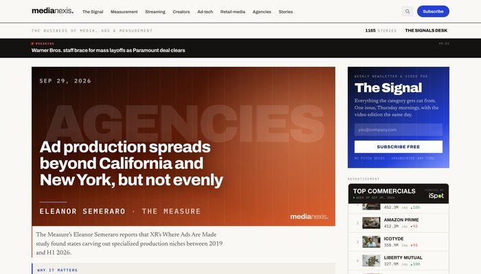 medianexis: a dated story plate with the category ghosted in giant type behind the headline, The Signal newsletter and a Top Commercials module down the right
