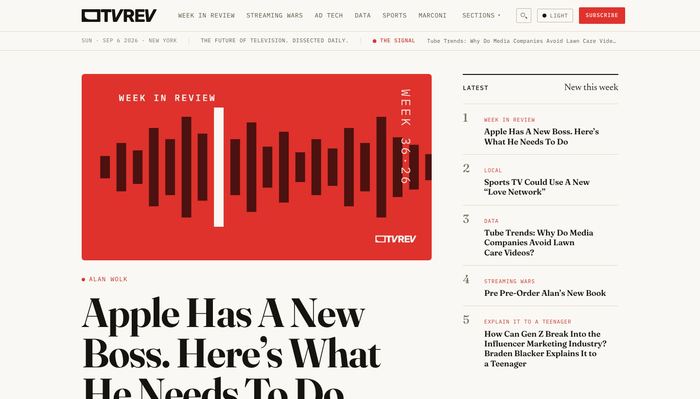 TVREV: a red week-in-review panel above a large editorial serif headline, with a ranked sidebar