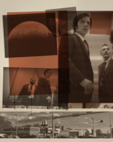 Study 01, Retroactive (Severance): a lone figure in warm black beside an oxblood color field