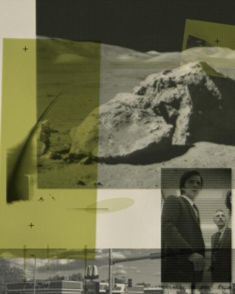 Study 04, Labor: a figure at a split boulder against chartreuse